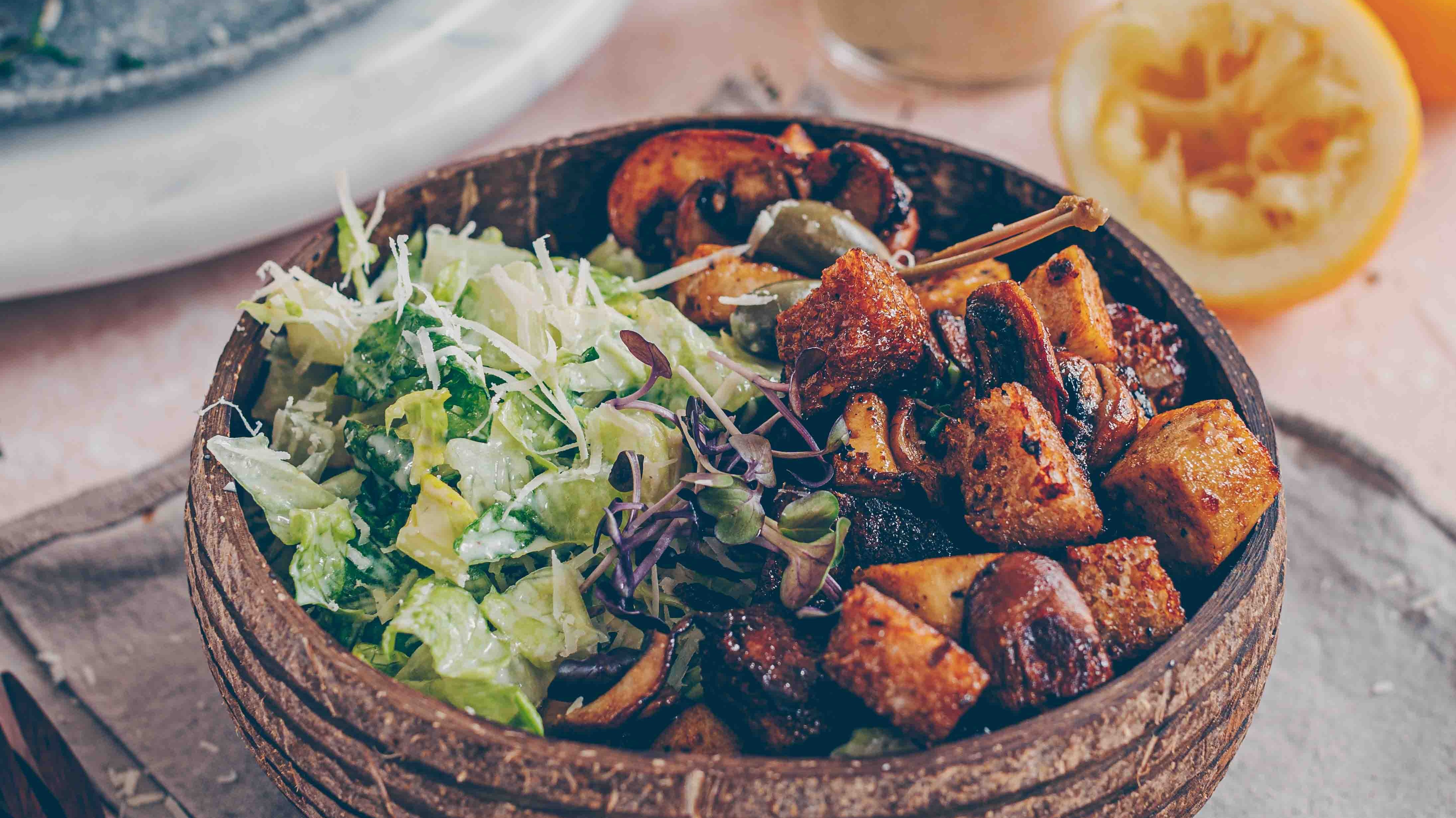 Caesar Salad with Crispy Mushrooms and Tofu