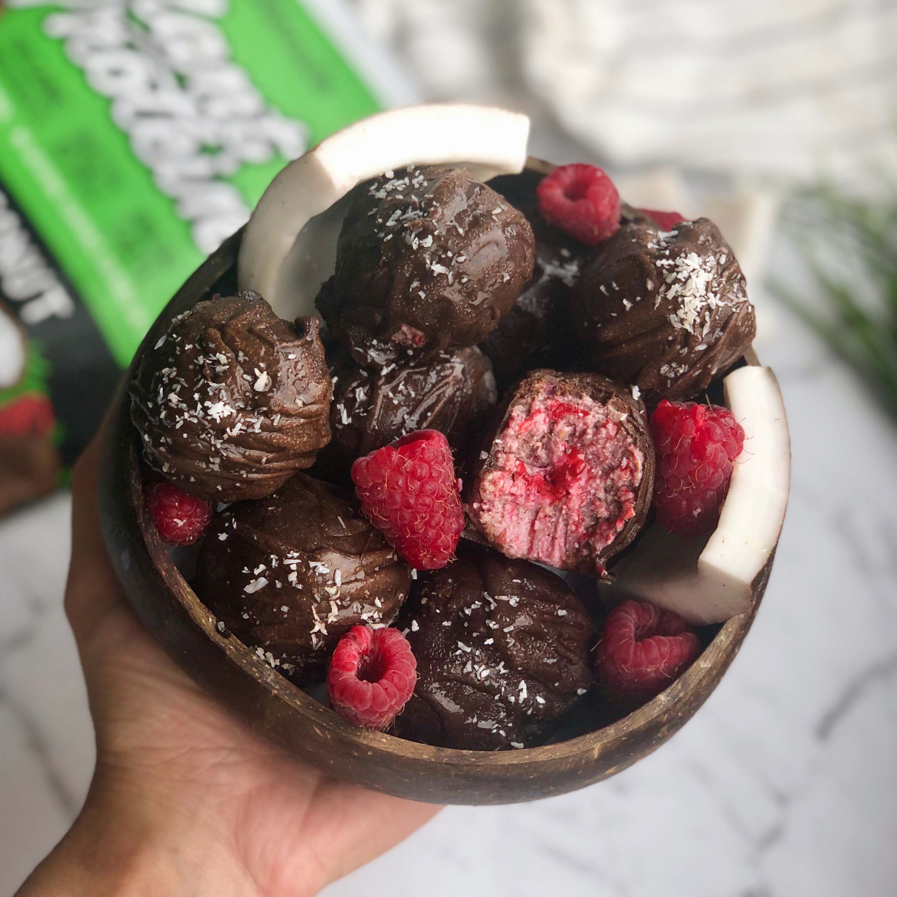 Raspberry Coconut Protein Bliss Balls